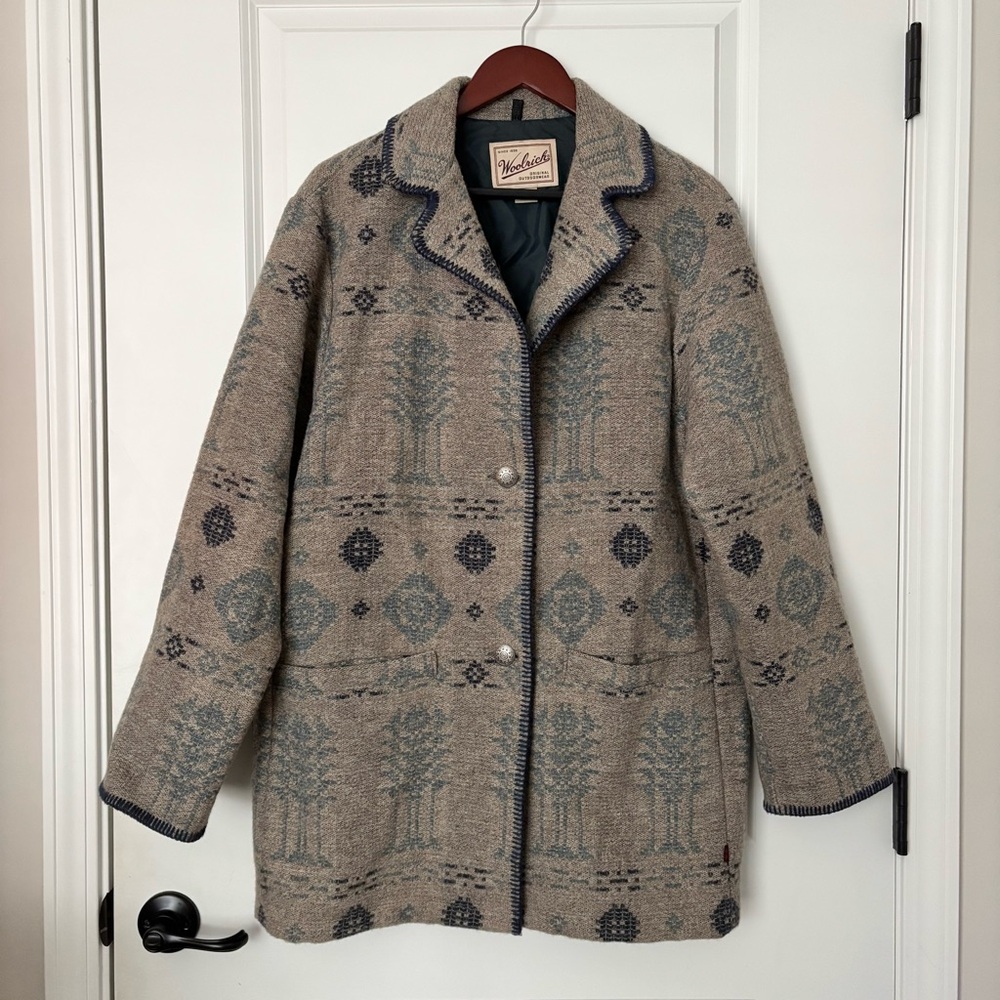 Woolrich Beige and Blue Patterned Pea Coat